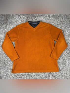 Vintage Sz Large Men’s Basic Editions Pullover V Neck Fleece Sweatshirt Orange